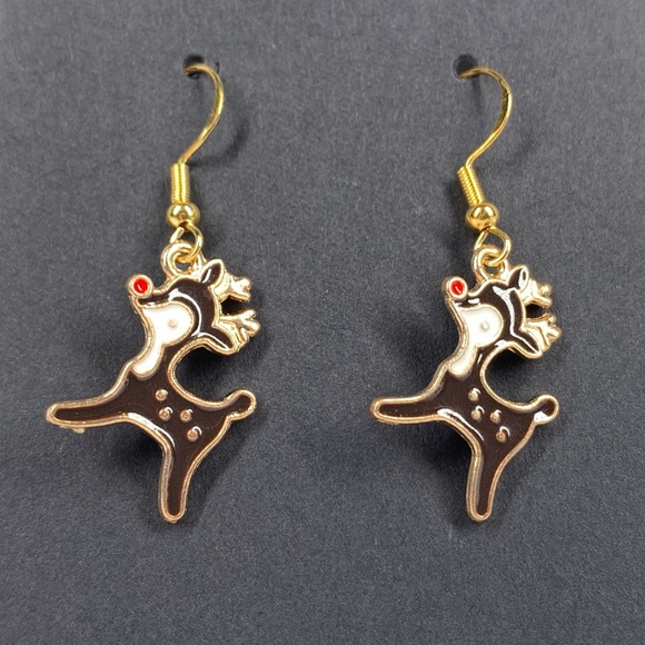 5/$25 Christmas Earrings Rudolph the Rednosed Reindeer Enamel Black Gold Toned - Picture 1 of 1